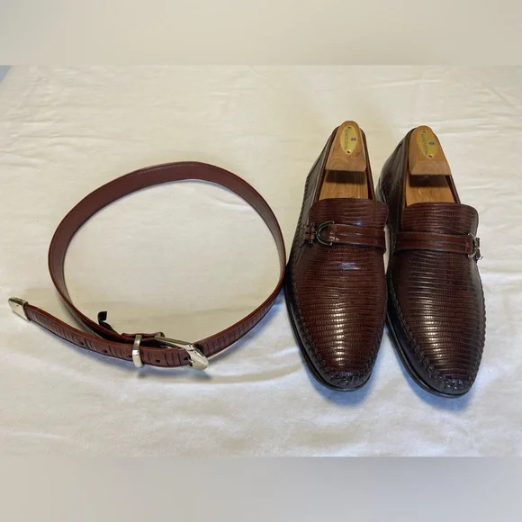 MEZLAN MADRID Penny Loafers Genuine Lizard Brown Leather Size 9.5 with Belt Mezlan Lizard Dress Shoes Cognac Penny Loafers Mayor main image 2